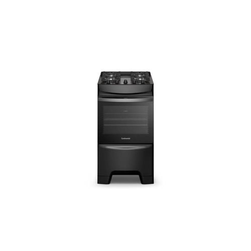 Fogão 4 Bocas Continental Preto Mesa de Vidro, Forno Eco Turbo e Grades Ferro Fundido (FC4GB)
