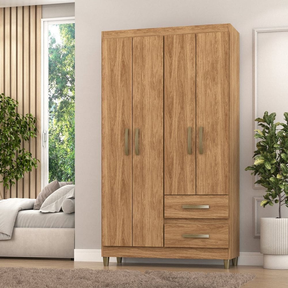 Roupeiro Lisboa 4 Portas 2 Gavetas 99x180x40cm Mel