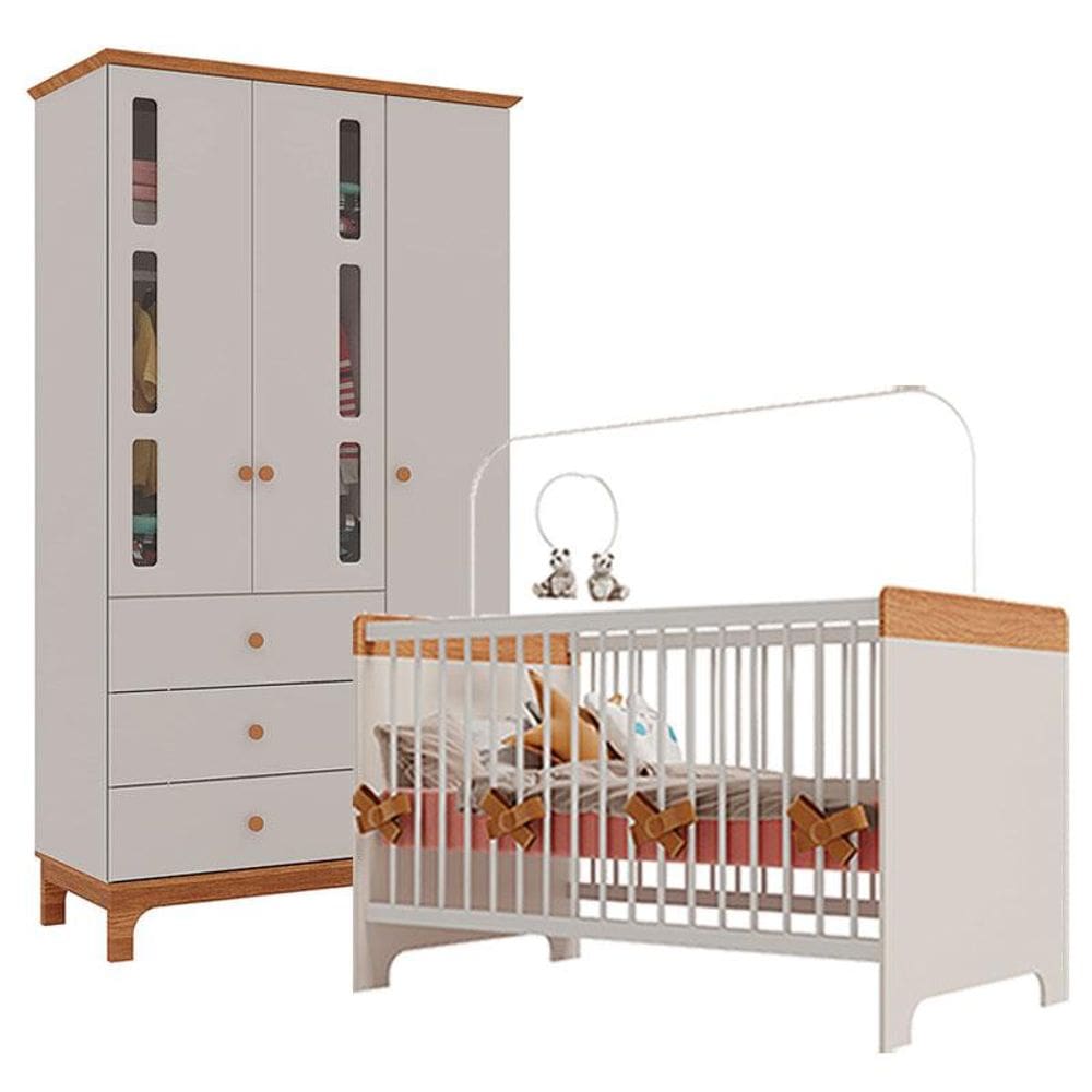 Berço Mini Cama Pega Pega e Guarda Roupa Antonella 3 Portas Off White Caramelo - Canaã