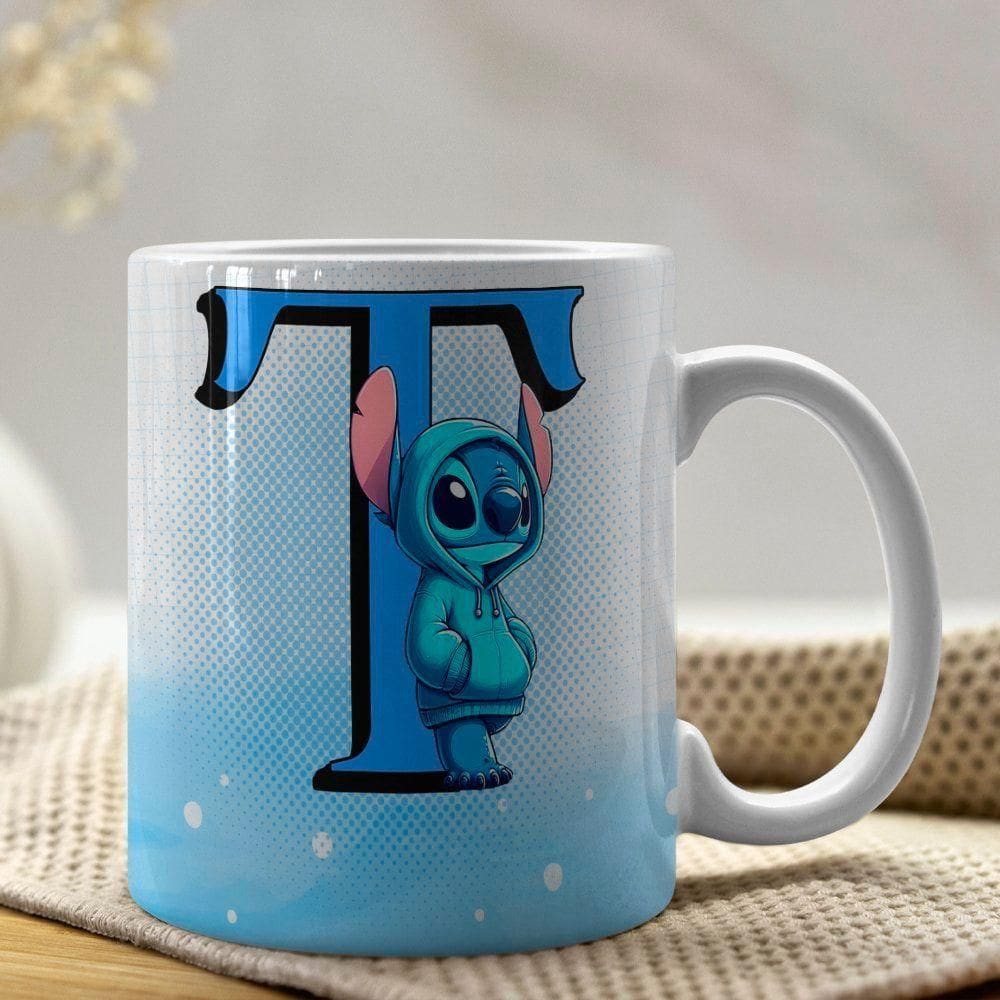 Caneca De Porcelana Stitch Letras A-z 325ml Azul T