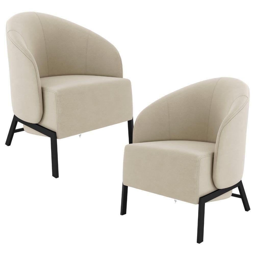 Kit 02 Poltronas Para Sala Living Pés Industrial Sierra K01 Veludo Bege - Lyam Decor