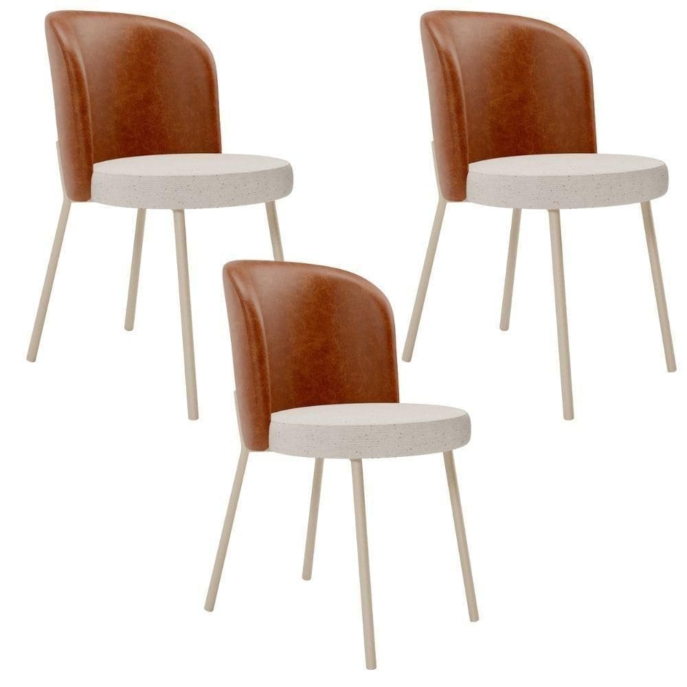 Kit 3 Cadeiras Sala De Jantar Estofada Gavi Arena L02 Couríssimo Camel Linho Cru Lyam Decor