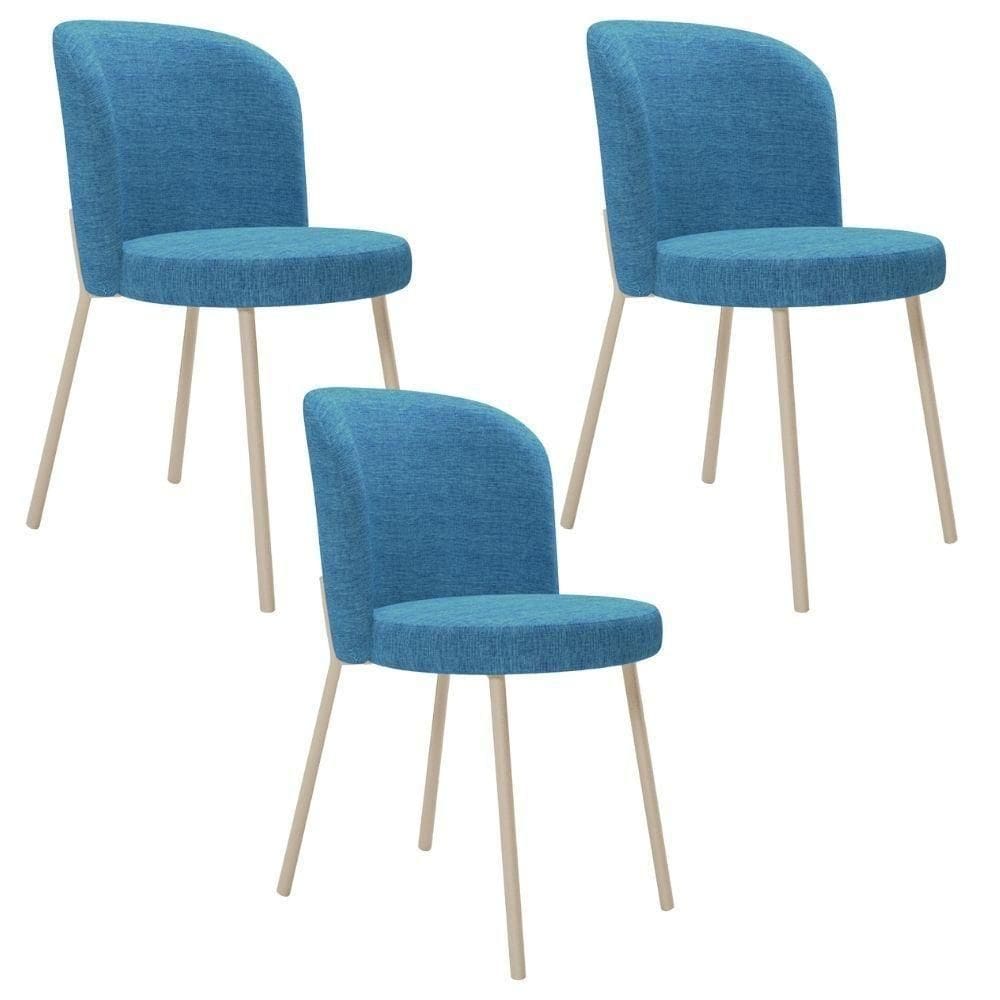 Kit 3 Cadeiras Para Sala De Jantar Cozinha Estofada Gavi Arena L02 Linho Azul Lyam Decor