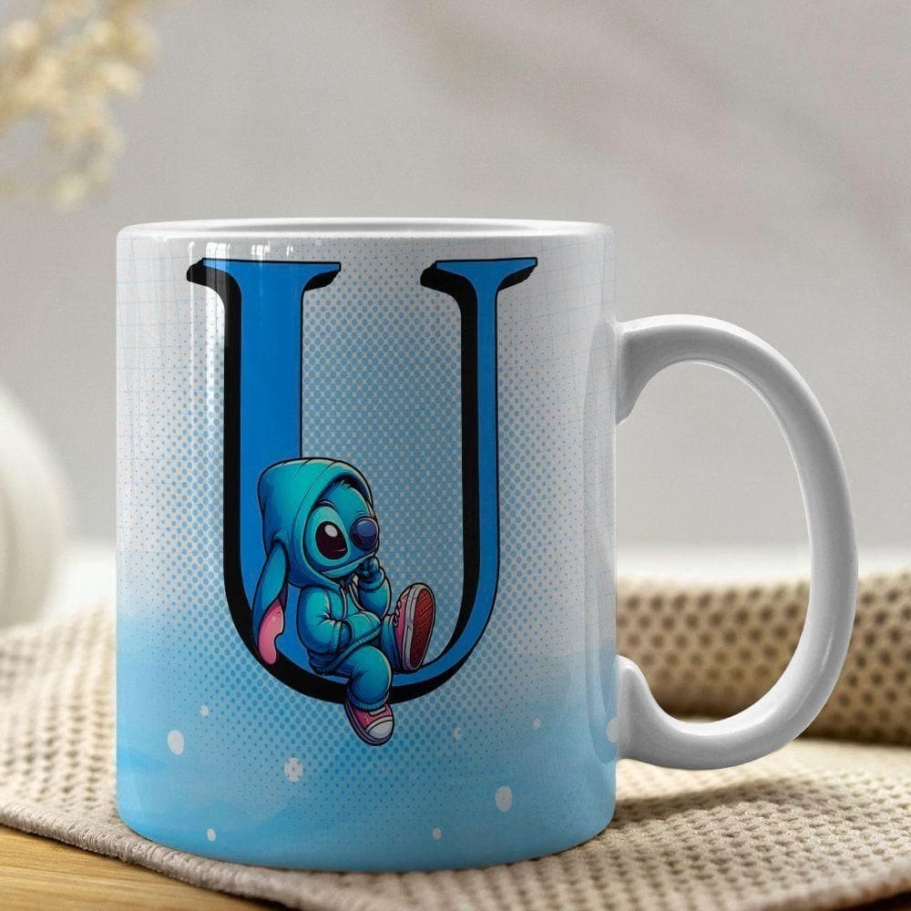 Caneca De Porcelana Stitch Letras A-z 325ml Azul U