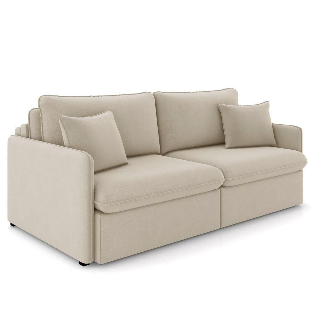Sofá Cama Retrátil Para Sala De Estar 214cm Una K01 Veludo Bege Lyam Decor