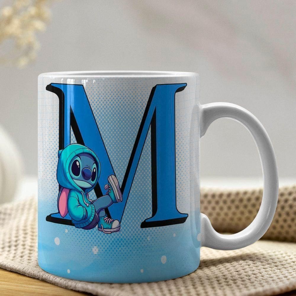 Caneca De Porcelana Stitch Letras A-z 325ml Azul M