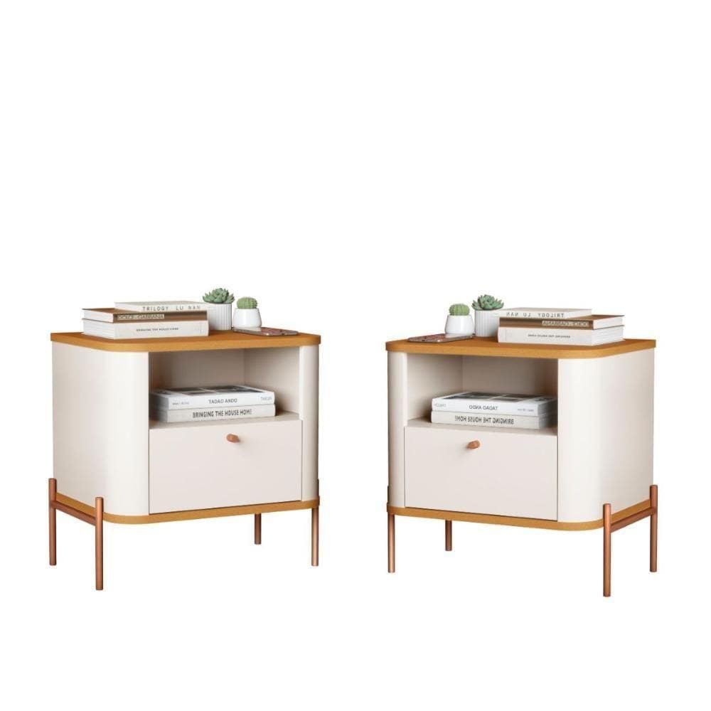 Conjunto Mesa De Cabeceira Malta Off White Nature Bronze