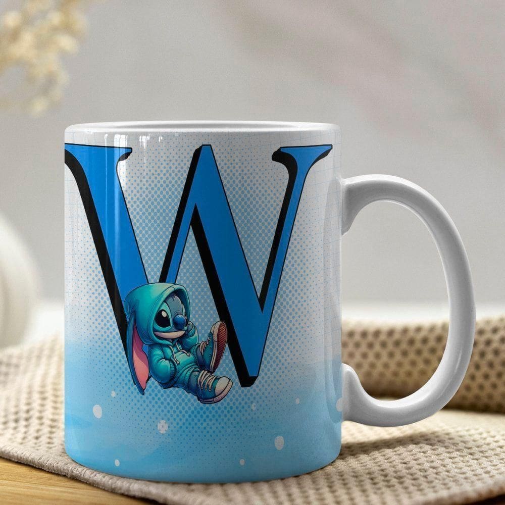 Caneca De Porcelana Stitch Letras A-z 325ml Azul W