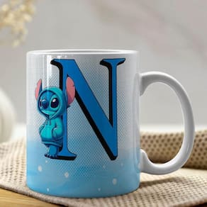 Caneca De Porcelana Stitch Letras A-z 325ml Azul N