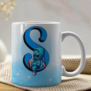 Caneca De Porcelana Stitch Letras A-z 325ml Azul S