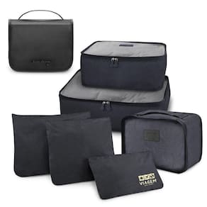 Kit Organizador De Malas 6 Peças + Necessaire Com Gancho Preto