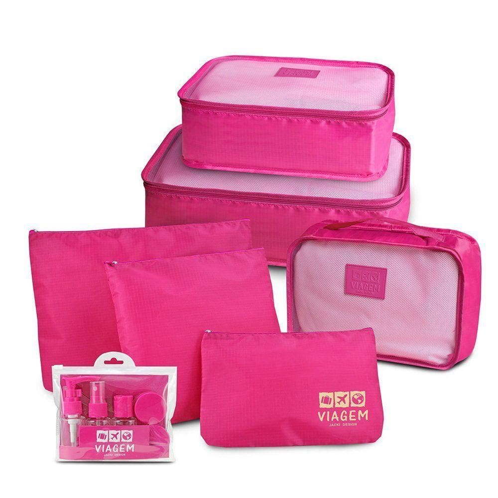 Kit Organizador De Malas + Frascos De Viagem 7 Peças Pink