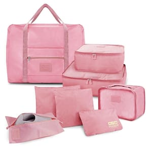 Kit Organizador De Malas 6 Peças + Bolsa Dobrável + Bolsa Porta Sapatos Rosa