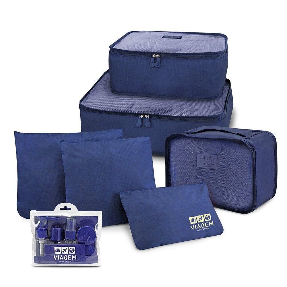 Kit Organizador De Malas + Frascos De Viagem 7 Peças Azul