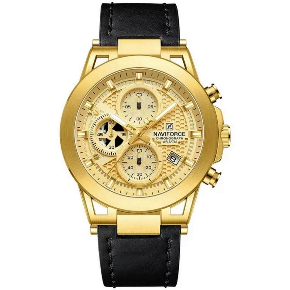 Relógio Analógico Design Esportivo Impermevel À Prova Da Água Pulseira Em Couro Ecológico Dourado