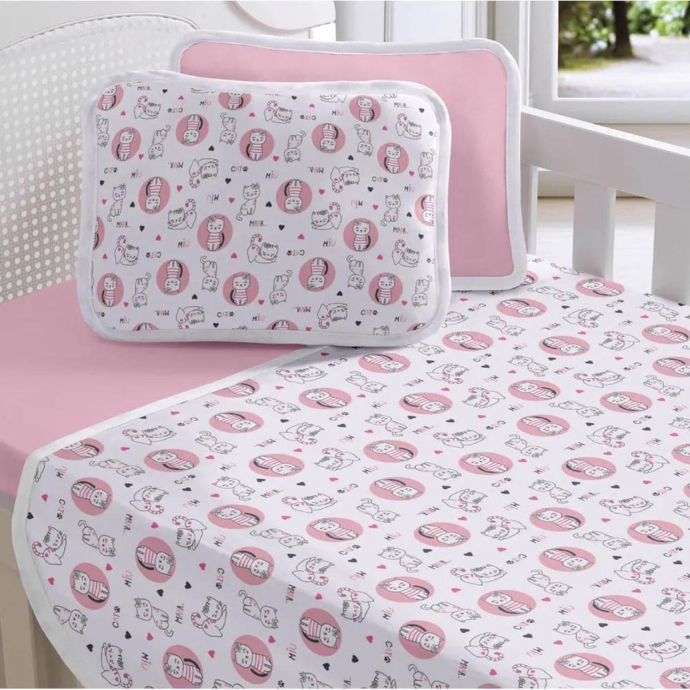 Jogo Berço Bebê Lençol Fronha Malha 100% Algodão Gatinho