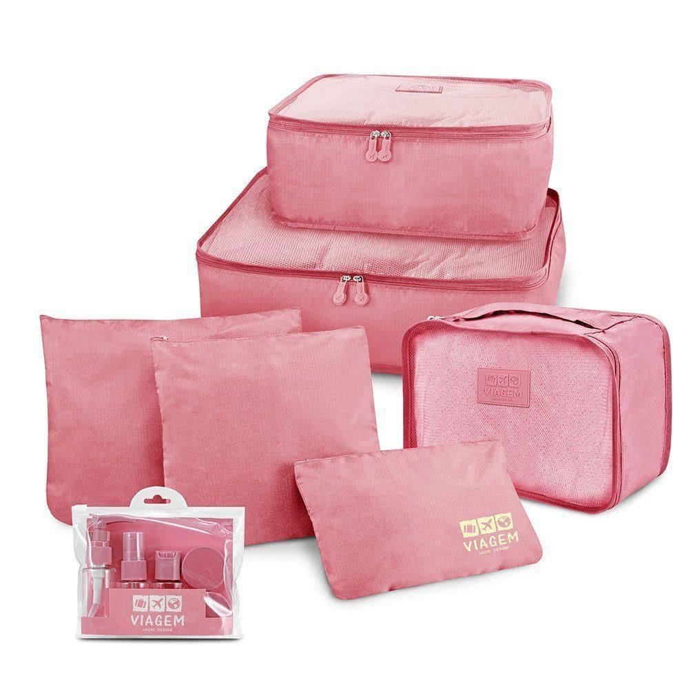 Kit Organizador De Malas + Frascos De Viagem 7 Peças Rosa