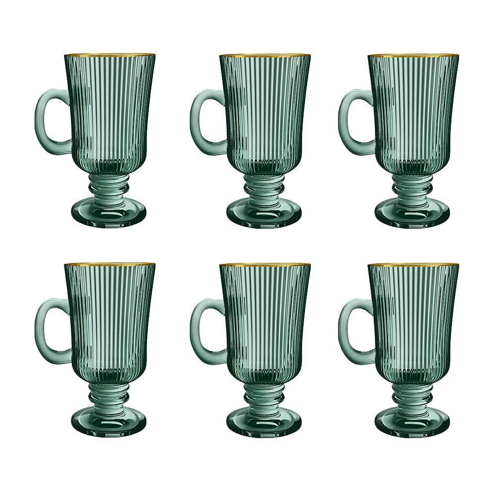 Jogo de 6 Xícaras Irish Coffee em Cristal Verde com Borda Dourado 230ml