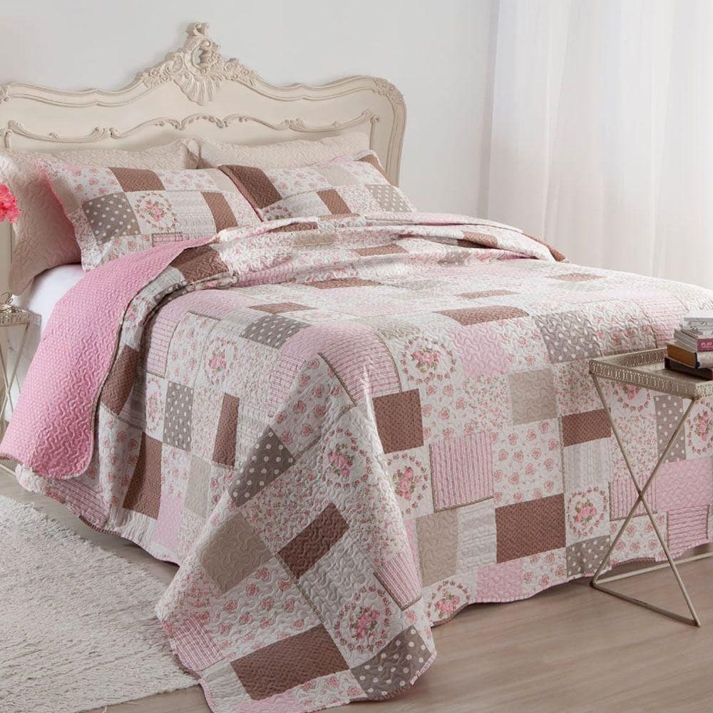 Kit Cobre Leito Colcha Daily Queen 3 Peças Dupla Face Estampado Floral Patchwork 12 100% Poliéster