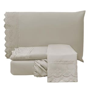 Jogo De Cama Lençol Realce Casal 4 Peças Percal 300 Fios Bordado Inglês Macio Fendi 100% Poliéster