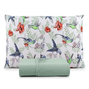 Jogo De Lençol Luar Solteiro 2 Peças Malha 100% Algodão Estampado Verde Birds