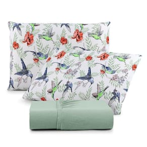 Jogo De Lençol Luar Casal 3 Peças Malha 100% Algodão Estampado Verde Birds