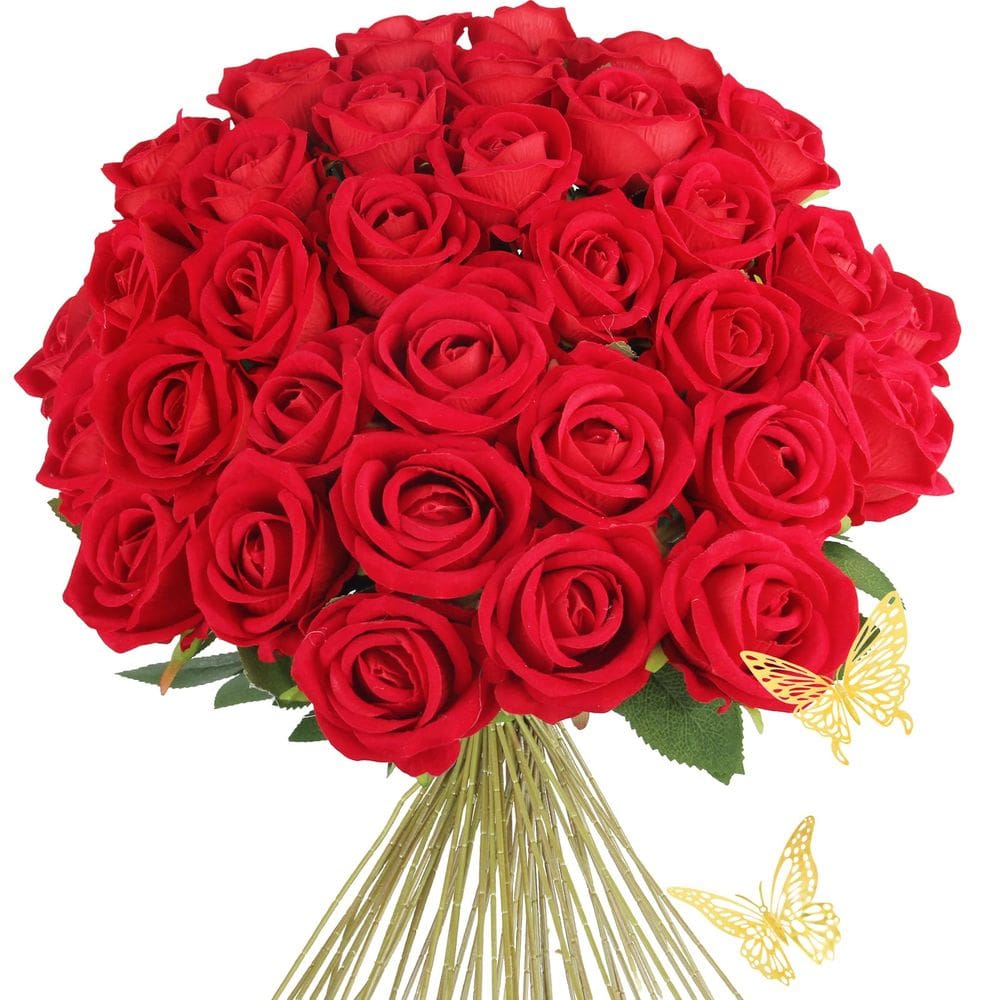 Flores artificiais C APPOK Rosas vermelhas, veludo, seda, 36 unidades