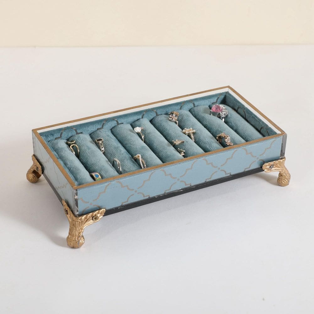 Porta-anéis Gemeshou Velvet Slots, organizador de joias azul claro