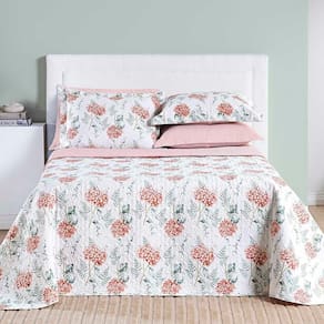 Kit Cobre Leito Colcha Maggy Casal 3 Peças Dupla Face Percale 200 Fios Hortencia Floral Rosa