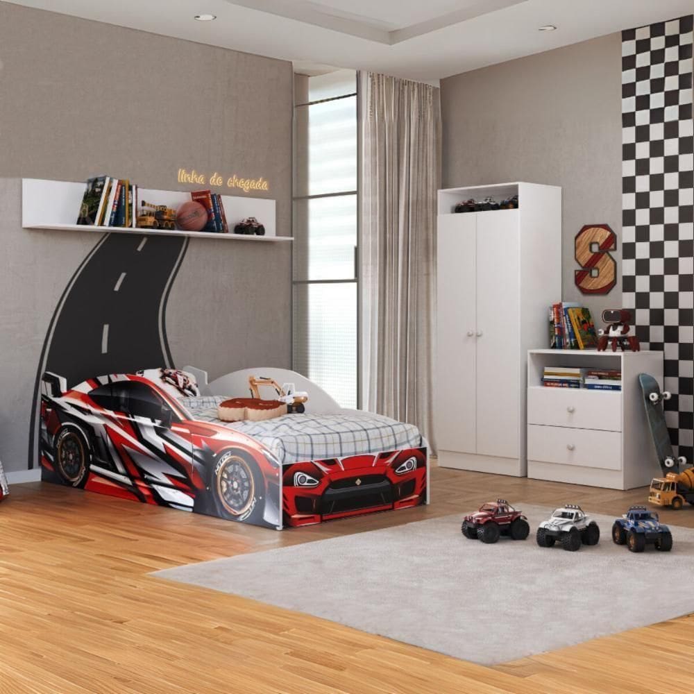 Quarto Infantil Completo Com Cama Carro Para Colchão 88x188cm Multimóveis Mp4340 Branco/vermelho