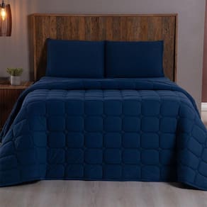 Kit Cobre Leito Colcha Minimal Casal 3 Peças Malha 100% Algodão Azul Marinho