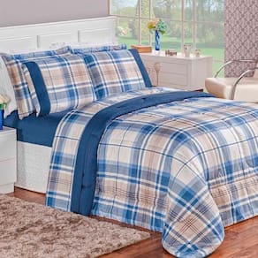 Kit Edredom Real Casal Queen Micro Percal 200 Fios 03 Peças Azul Titânio 100% Poliéster