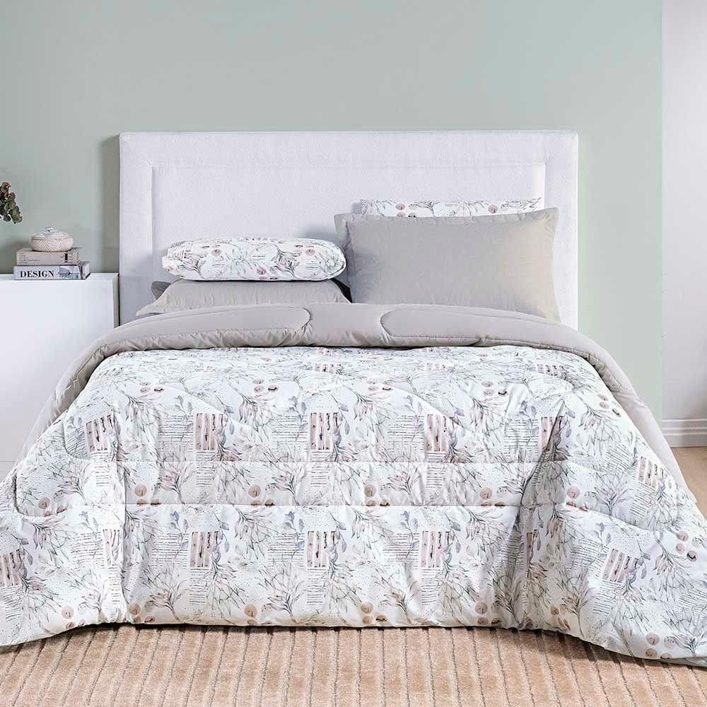 Edredom Maggy Dupla Face Super King 1 Peça Percale 200 Fios Estampado Protea Cinza Floral
