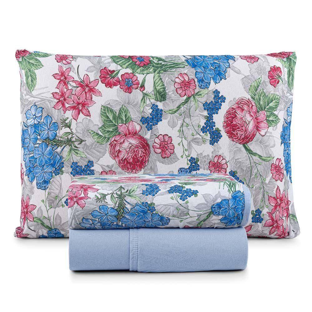Jogo De Lençol Luar Solteiro 3 Peças Malha 100% Algodão Estampado Azul Floral