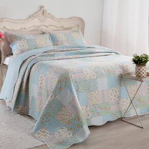 Cobre Leito Colcha Daily Queen 3 Peças Dupla Face Estampado Floral Patchwork Azul 10 100% Poliéster