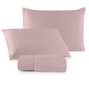 Jogo De Lençol Minimal Casal 3 Peças Malha 100% Algodão Liso Rose