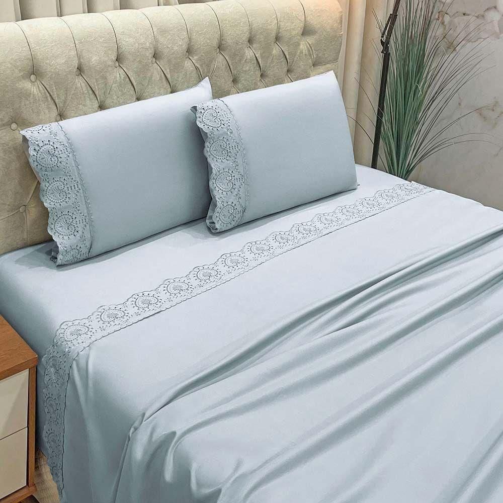 Jogo De Cama Lençol Bella King 4 Peças Micropercal 300 Fios Bordado Inglês Macio Cinza 100% Poliéster