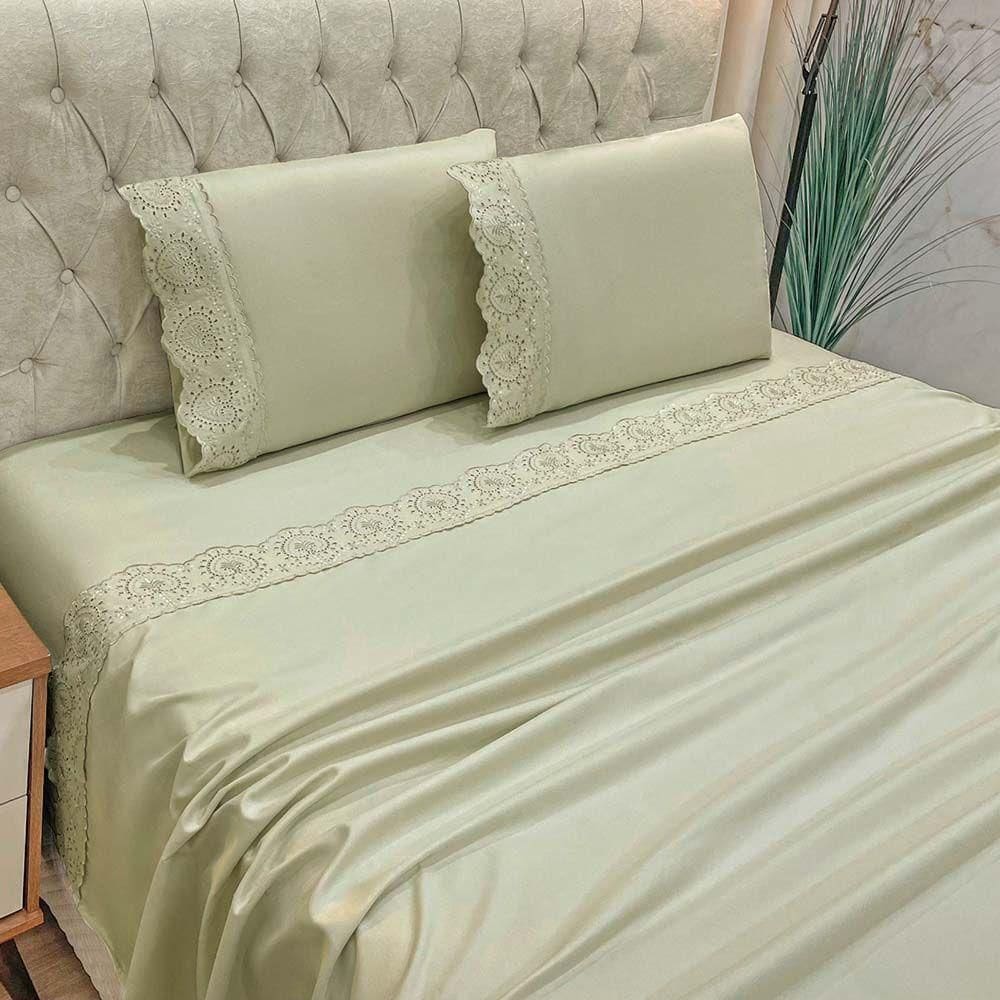 Jogo De Cama Lençol Bella Casal 4 Peças Micropercal 300 Fios Bordado Inglês Macio Bege 100% Poliéster