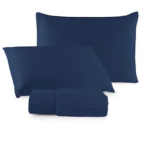 Jogo De Lençol Minimal Casal 3 Peças Malha 100% Algodão Liso Azul Marinho