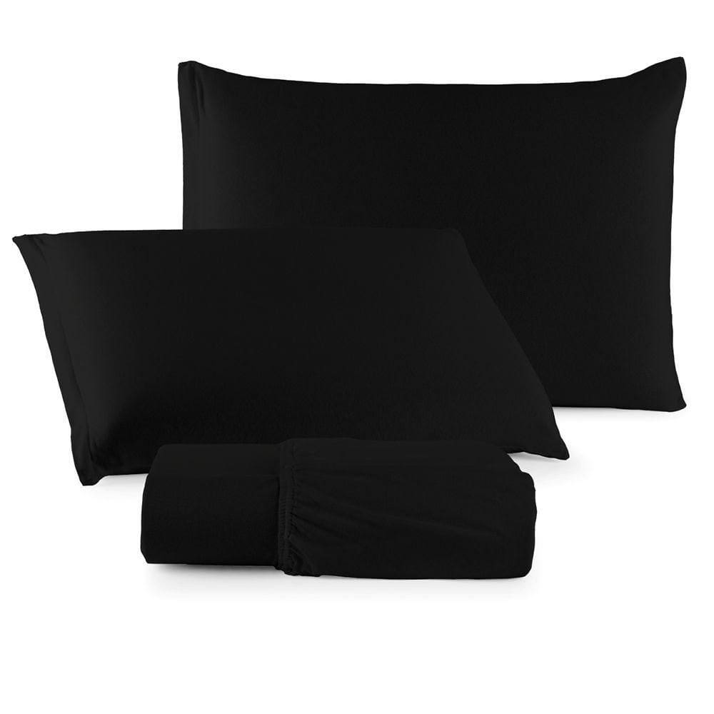 Jogo De Lençol Minimal Casal 3 Peças Malha 100% Algodão Liso Preto