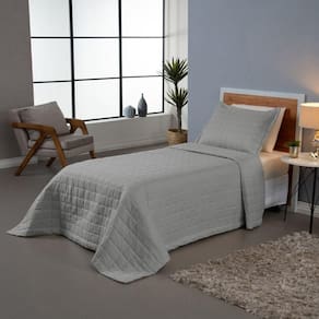 Kit Cobre Leito Colcha Dual Solteiro 2 Peças Matelado Dupla Face Liso Cinza 100% Poliéster