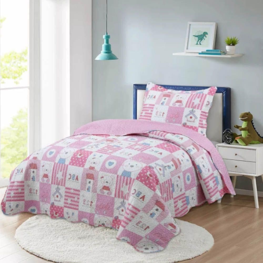 Kit Cobre Leito Colcha Magic Solteiro Infantil 2 Peças Microfibra 180 Fios Coelho Rosa 100% Poliéster