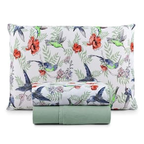 Jogo De Lençol Luar Solteiro 3 Peças Malha 100% Algodão Estampado Verde Birds