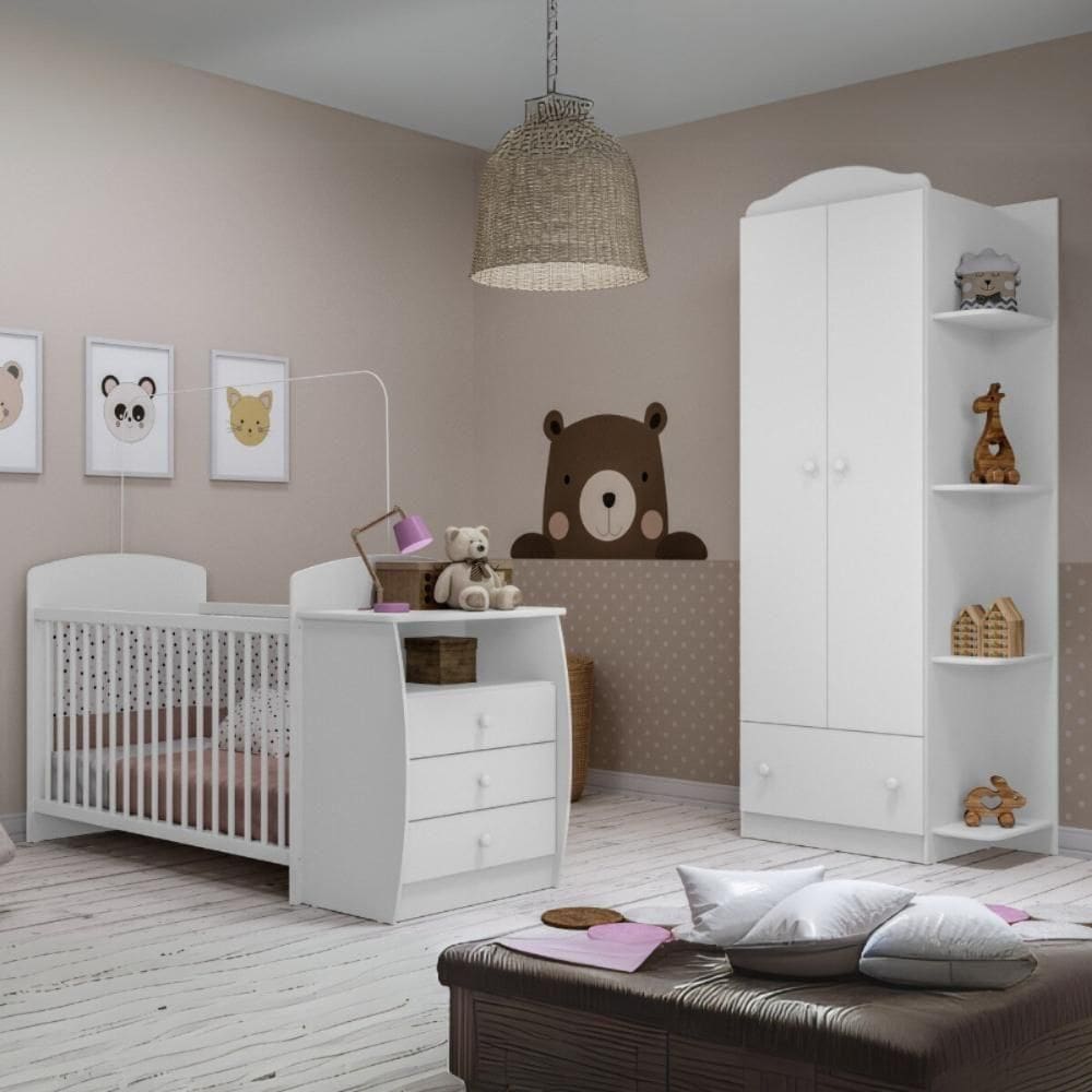 Berço Cômoda Com Colchão Incluso E Guarda-roupa 2 Portas 1 Gaveta Multimóveis Mp4373 Branco/colorido
