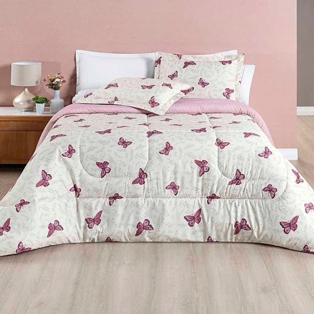 Edredom Júlia Casal Queen 03 Peças Tecido Dupla Face Microfibra 200 Fios Floral Borboleta 100% Poliéster