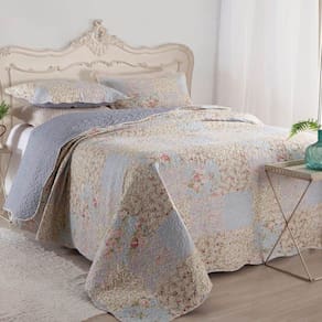 Kit Cobre Leito Colcha Daily King 3 Peças Dupla Face Estampado Floral Patchwork 14 100% Poliéster