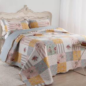 Kit Cobre Leito Colcha Daily Queen 3 Peças Dupla Face Estampado Floral Patchwork 15 100% Poliéster