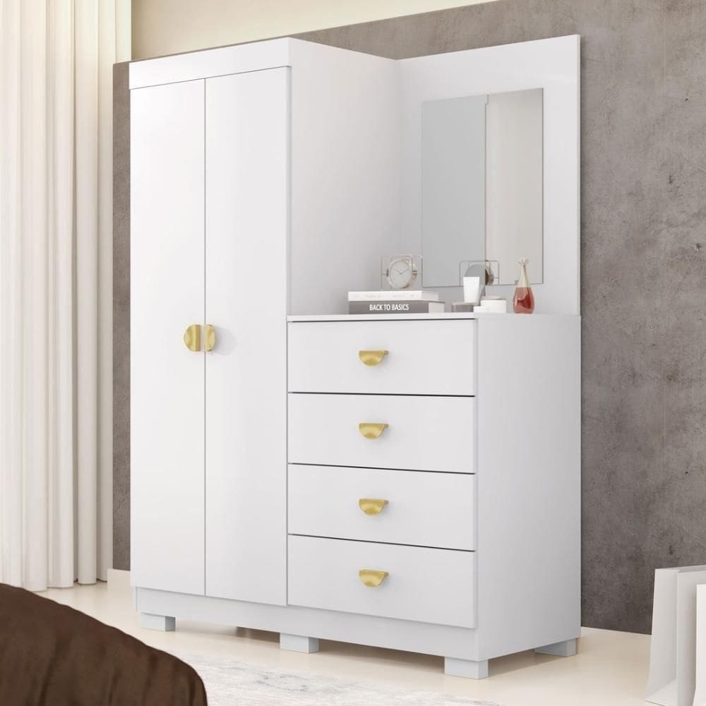 Cômoda Roupeiro Com Espelho 2 Portas 4 Gavetas Cristal - Branco-camarim Branco-camarim