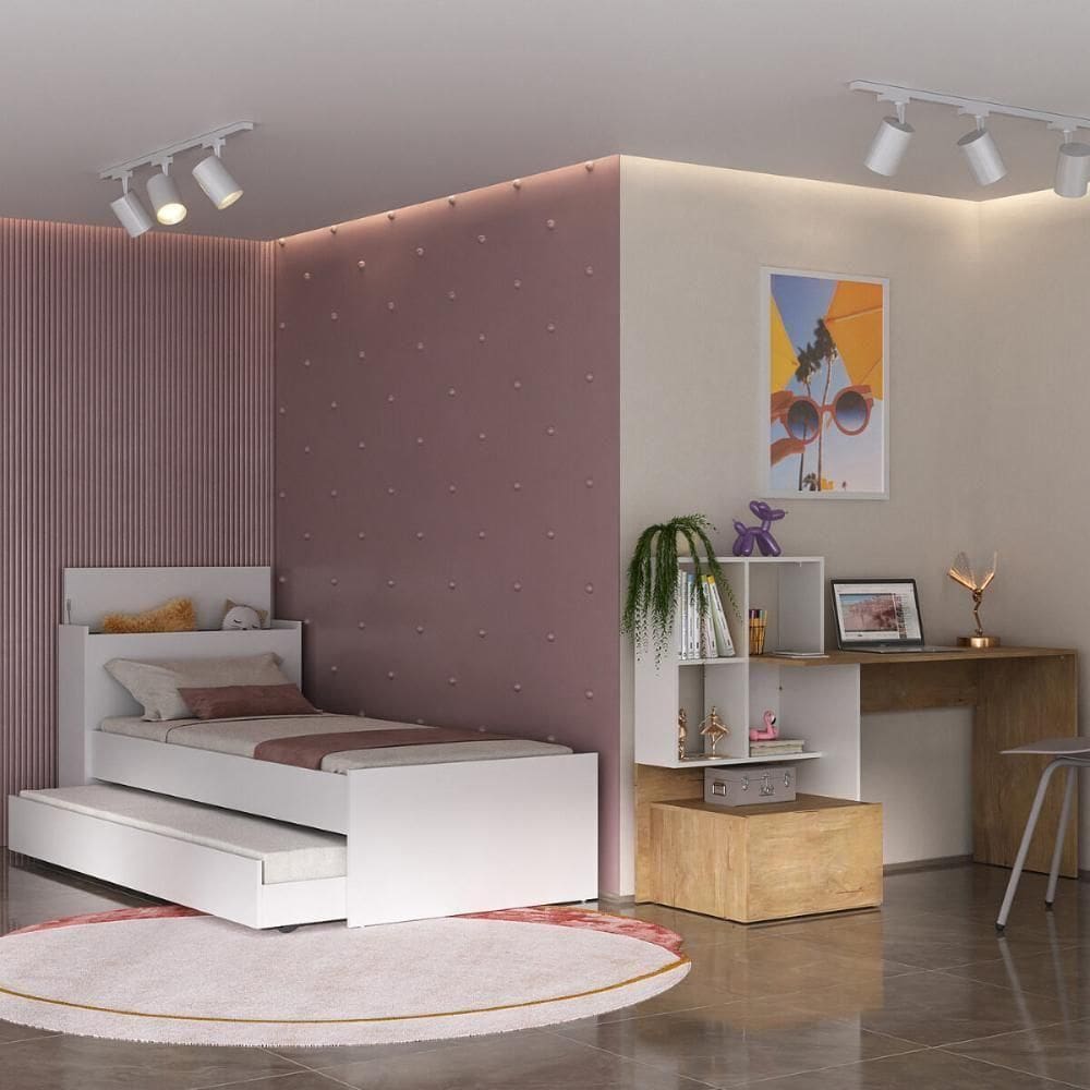 Bicama Para Colchão 78x188cm Com Baú Embutido E Escrivaninha Multimóveis Mp4368 Branco/madeirado