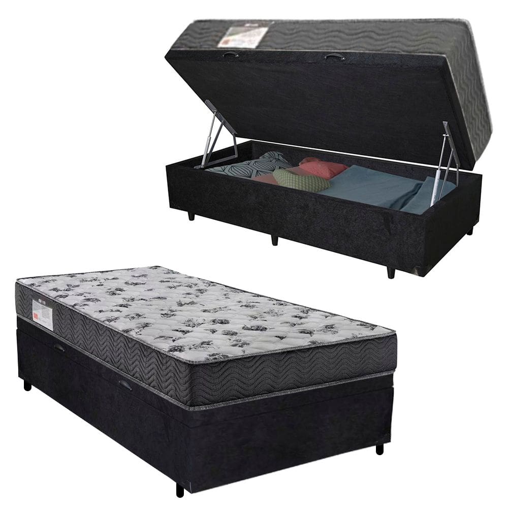Cama Box Baú Solteiro Suede + Colchão De Molas Ensacadas - SerenePrime - 88x188x62cm